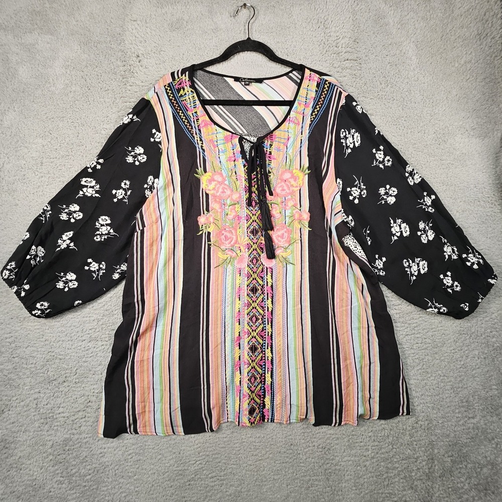 Calessa Embroidered Tie Front‎ Tunic Top Womens 2X Peasant Cottage Coastal Fairy